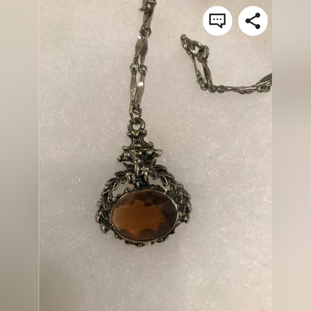 Vintage Gothic Like Necklace with Amber "Stone", Silver Toned Chain - Picture 3 of 6